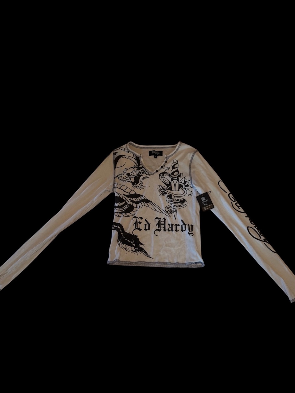 Ed Hardy White Long-Sleeve Graphic Tee with Black Tattoo Prints